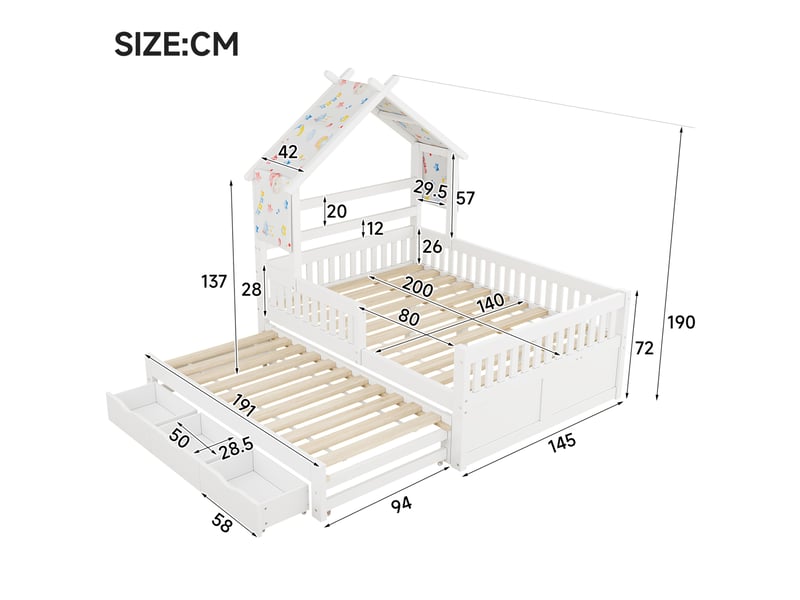 Lit cabane 140x200 cm, lit gigogne, lit enfant avec 3 tiroirs, barrières, pour chambre, pin et mdf, blanc sans matelas - Conforama C