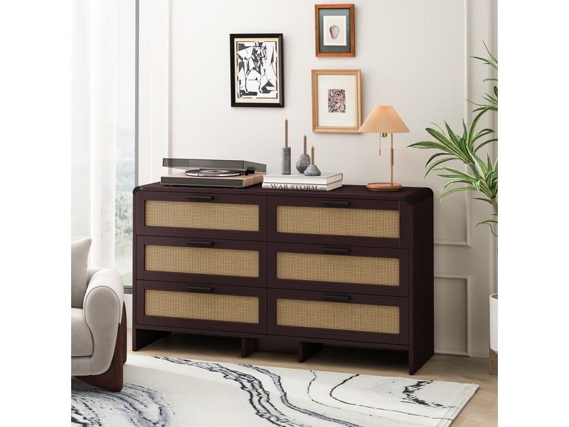  Commode 6 tiroirs en rotin de 130 cm, forme arrondie, ​​pour salon, chambre et cuisine – coloris brun-rouge  - Conforama D