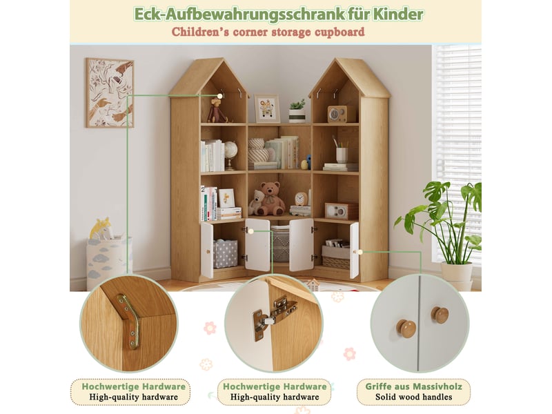 Armoire d'angle enfant 104x25x148 cm, forme maison, 4 niveaux, portes, panneauxde particules, blanc et naturel  - Conforama D
