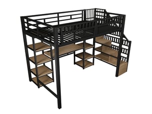 Lit mezzanine 140x200 cm métal noir – bureau intégré, étagère, échelle de rangement, led et usb – sans matelas