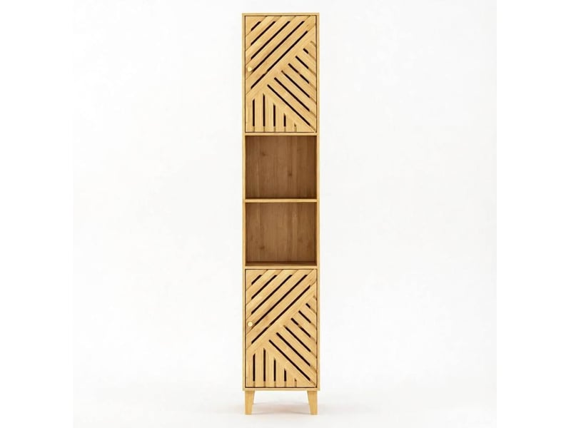 Armoire de salle à bain avec 2 portes, 2 niches ouvertes et étagères réglables, effet bois naturel, 32 × 30 × 170 cm - Conforama A