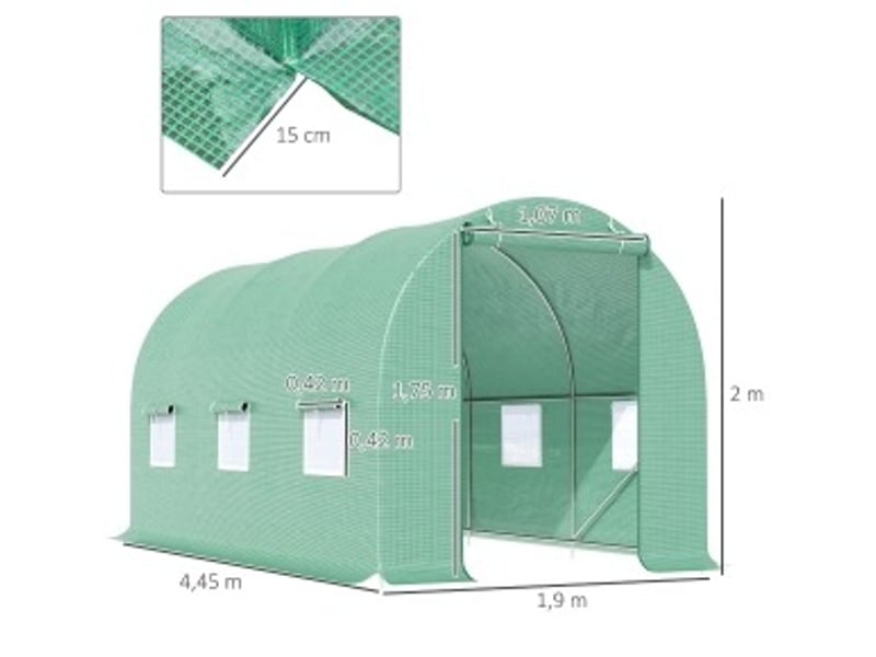  Serre tunnel de jardin 445x190x200 cm – verte – structure acier, portes enroulables et fenêtres filet  - Conforama C