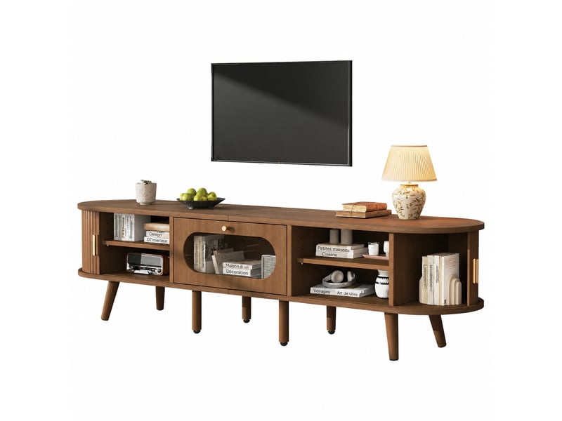  Meuble tv pour téléviseur 70 pouces, mdf couleur noyer, 2 portes à rideau et 1 tiroir, 170 x 40 x 43 cm  - Conforama A