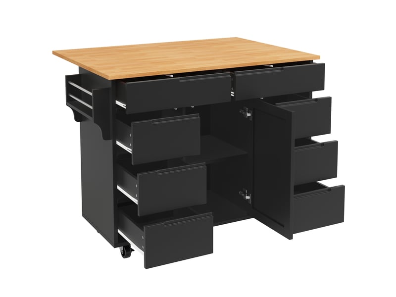  Desserte de cuisine 122 x 74,5 x 91,5 cm noire en mdf, plateau rabattable, 8 tiroirs, mobile  - Conforama D