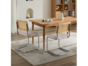 Lot de 2 chaises de salle à manger en velours beige avec dossier en rotin et piètement chromé