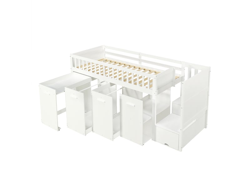  Lit multifonction 90x200cm en pin et mdf blanc, bureau coulissant, penderie, casiers et sécurité  - Conforama A