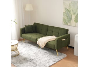 Canapé droit convertible 2 places 175 cm vert antique en sherpa, dossier 3 positions, poches latérales et pieds dorés