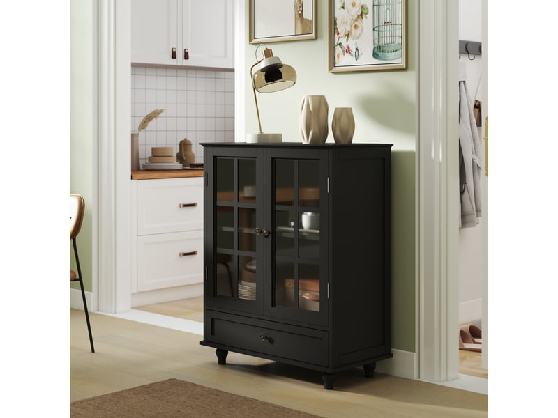  Buffet de cuisine - 71x38x93 cm - meuble de rangement minimaliste moderne en bois avec 2 portes vitrées et tiroir - noir  - Conforama C
