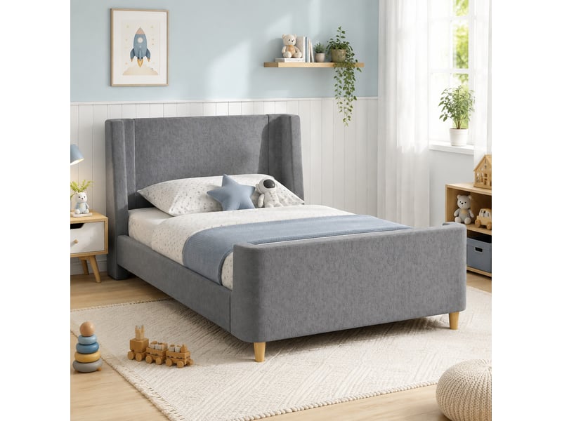  Lit enfant 200×90 cm de style traîneau à motifs de l’espace, avec sommier à lattes, sans matelas, en velours gris  - Conforama B