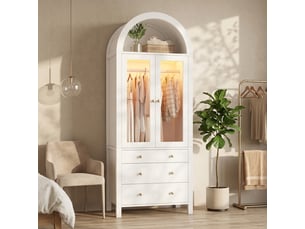 Armoire penderie 80x50x200 cm, dressing de chambre moderne avec éclairage led, sommet arqué en mdf, avec portes et verre, blanc
