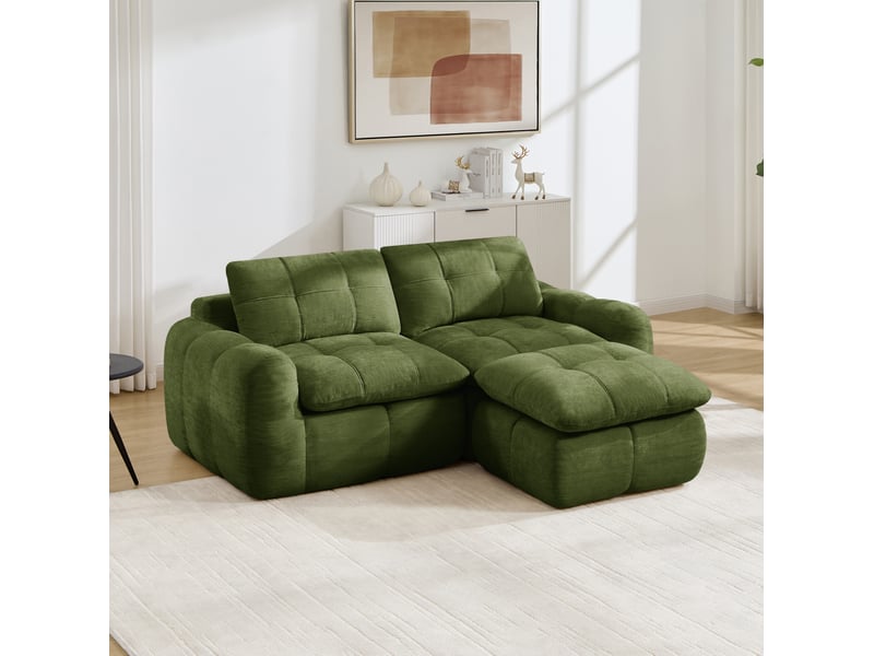  Canapé d'angle modulaire 2 places modenvie sans cadre avec 1 pouf ottoman, revêtement en chenille, vert, 194 x 160 x 68 cm  - Conforama B