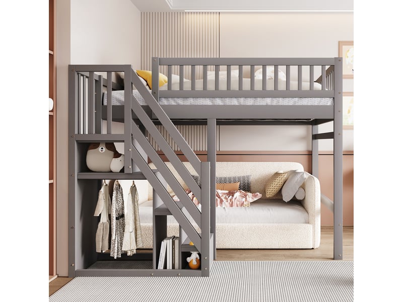 Lit mezzanine enfant 140 x 200 cm avec escalier de rangement et garde-corps haut gris - Conforama D