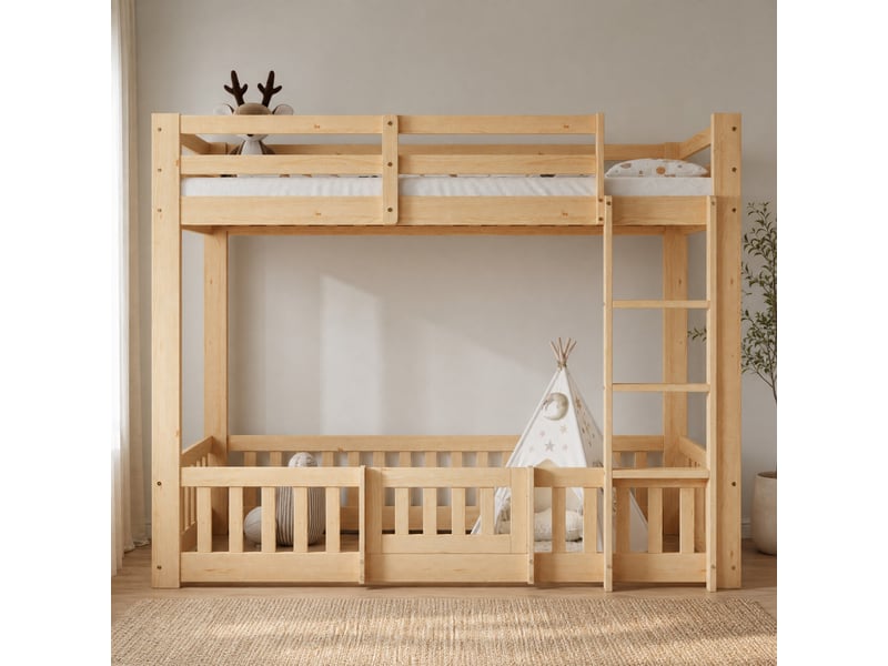 Lit mezzanine enfant 90×200 cm avec escalier, barrières et porte, bois naturel sans matelas - Conforama B