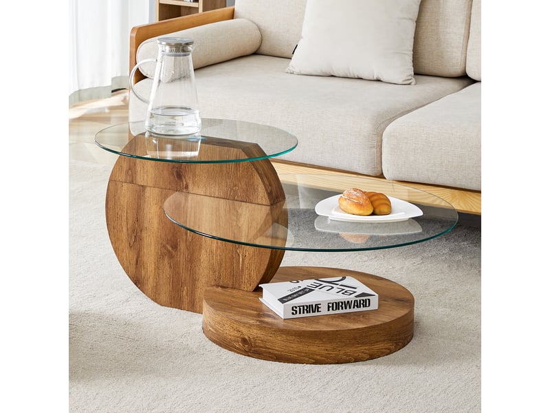 Table basse ronde à double plateau avec rangement - lpospi - verre trempé, mdf décor bois - transparent - Conforama B
