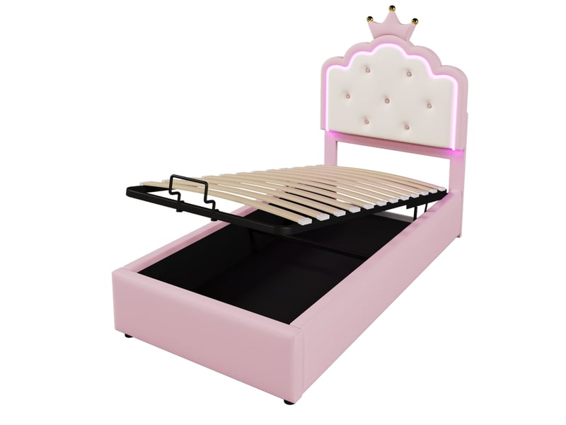  Lit enfant 90x200 cm rose avec sommier, éclairage led télécommandé et rangement hydraulique  - Conforama A