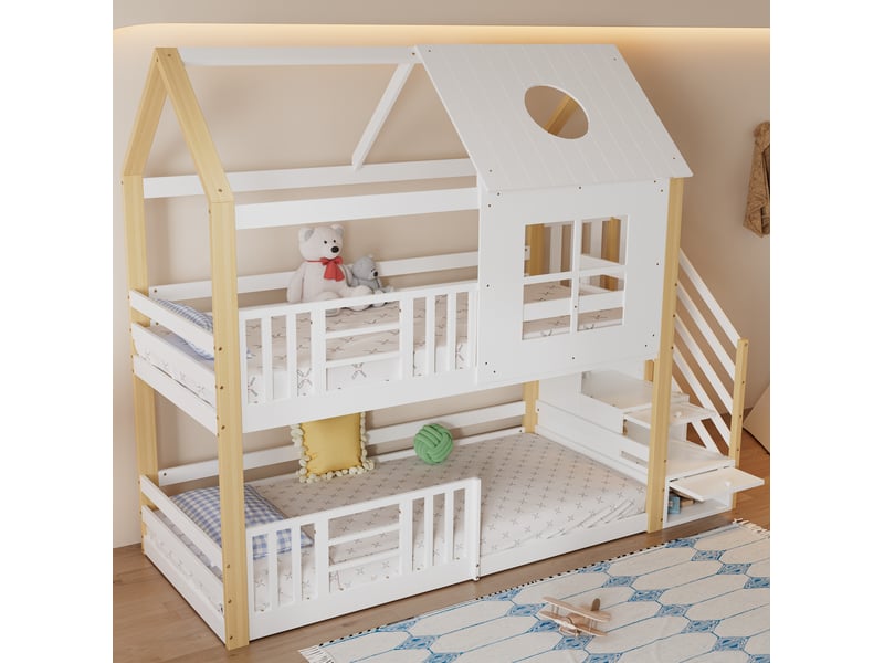  Lit superposé enfant maison 90 x 200 cm avec escalier de rangement blanc naturel  - Conforama D