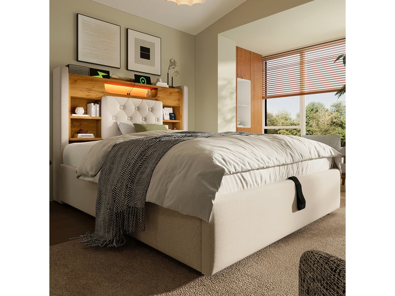  Lit coffre 90x200 cm, lit enfant, rangement hydraulique, étagères, led, usb et usb-c, lin beige  - Conforama C