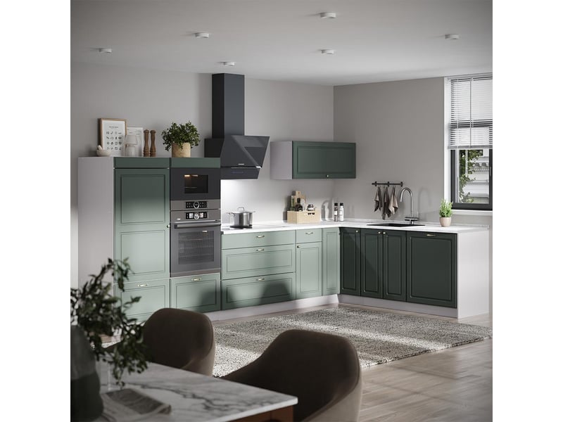 Vicco cuisine en angle, vert or campagneblanc, 347x60cm, pt chêne - Conforama C