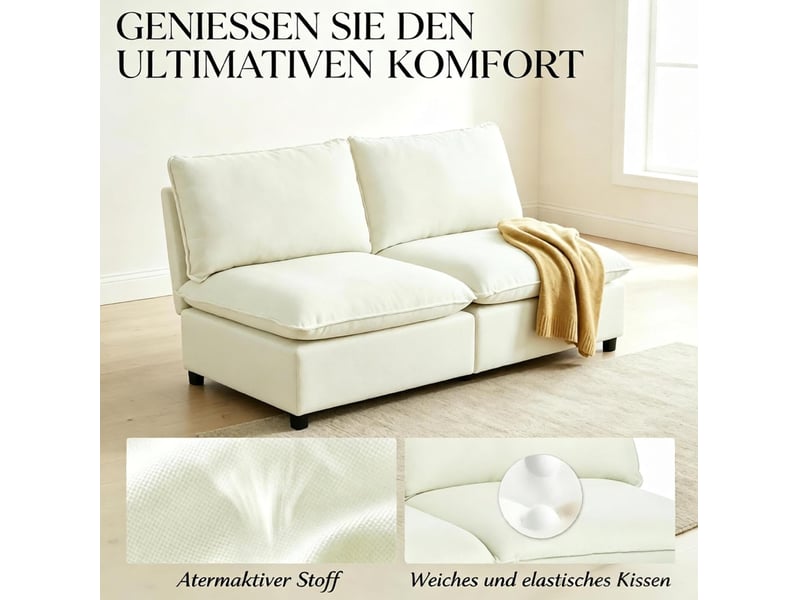 Canapé droit 2 places sans accoudoirs avec coussins épais, en tissu coton et polyester crème, 146 × 85 × 78 cm - Conforama E