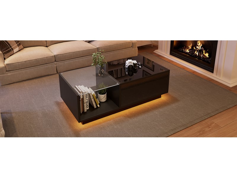  Table basse led relevable 100x50x33 cm noire panneau de particules finition brillante rangement dissimulé et étagère ouverte avec télécommande et application evarich - Conforama D