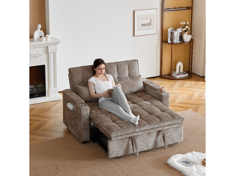  Canapé convertible 3-en-1 142 cm en chenille, lit gigogne, rangements, porte-gobelets et coussins, marron, design actuel  - Conforama D