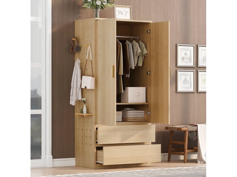  Armoire 2 portes avec 2 tiroirs, rangements dissimulés et panneau perforé latéral en mdf bois 70 × 50 × 170 cm  - Conforama D