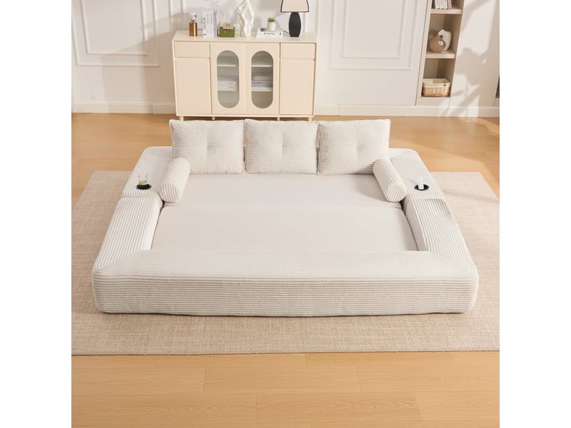  Canapé convertible 3 places modenvie en velours côtelé beige avec poches latérales, porte-gobelet, coussins à mémoire de forme et accoudoirs amovibles  - Conforama D