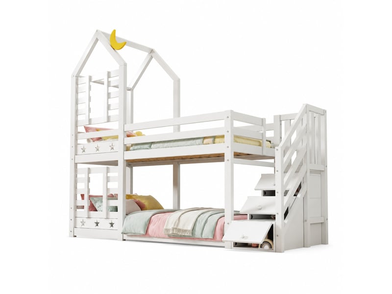 Lit superposé enfant cabane 90x200 cm avec rangements et tiroirs blanc - Conforama A