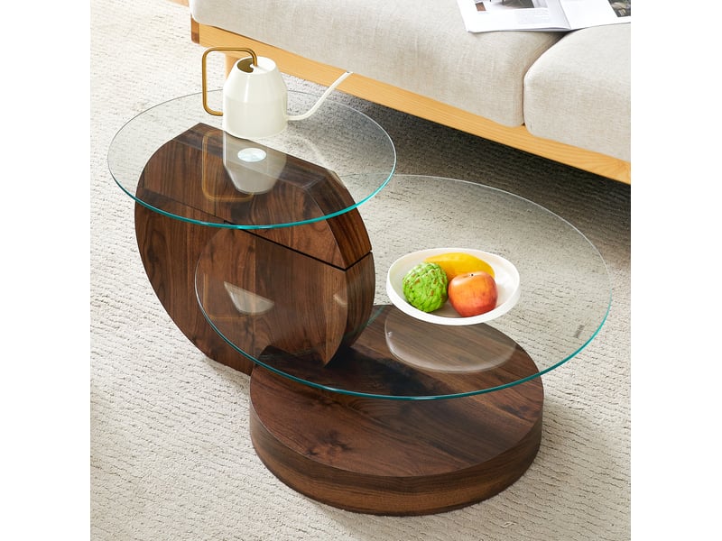  Table basse avec plateaux à plusieurs niveaux et verre trempé, style moderne, en mdf et verre, transparent noyer  - Conforama B