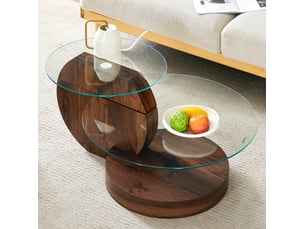 Table basse avec plateaux à plusieurs niveaux et verre trempé, style moderne, en mdf et verre, transparent noyer