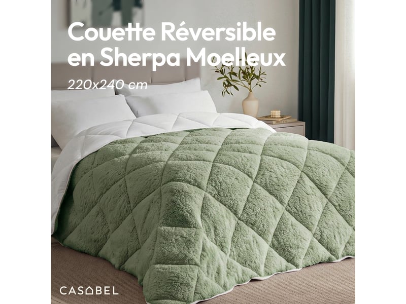  Casabel couette polaire hiver ultra chaude 600gm², réversible, douce et moelleuse, 2 personnes, 220x240cm, vert sauge  - Conforama B