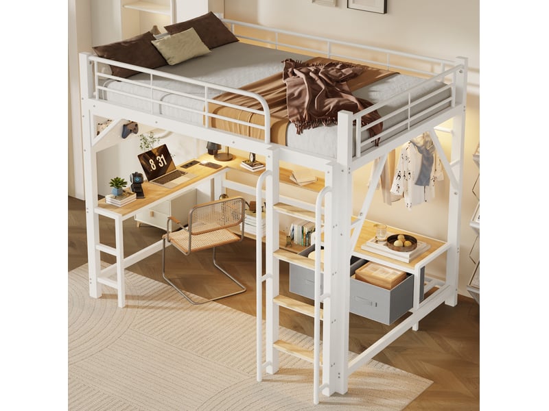 Lit mezzanine enfant 140 × 200 cm 2 places avec bureau, led, usb et rangements, sans matelas, blanc - Conforama C