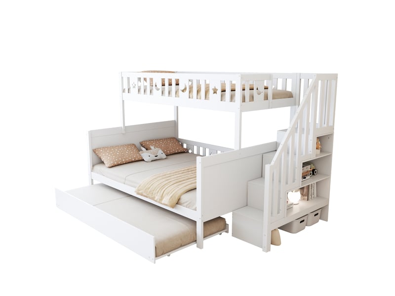 Lit superposé enfant avec escalier de rangement et lit gigogne, bois blanc, couchages 90x200 et 140x200 cm - Conforama A