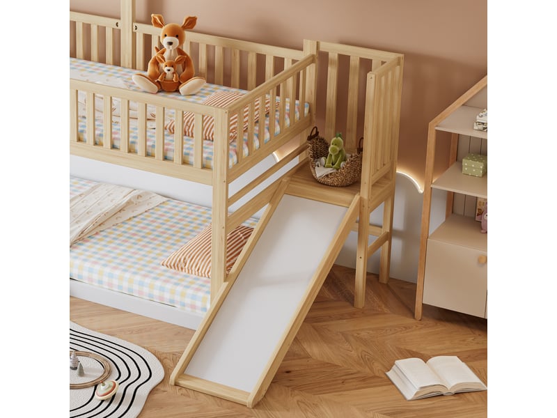 Lit mezzanine cabane enfant 90x200 cm, toboggan, toit avec fenêtre, barrières, pin et mdf, naturel + blanc Radiant Stride - Conforama E