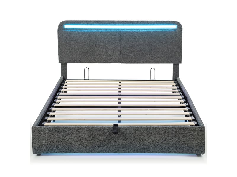  Lit coffre 140 x 190 cm avec éclairage led, tête de lit réglable, sommier à lattes en bois, cadre de lit double, gris  - Conforama B