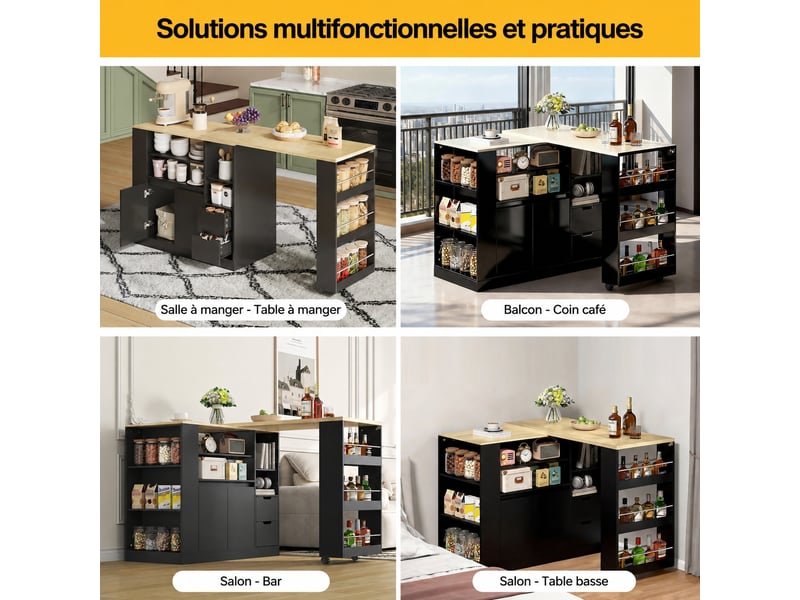  Îlot de cuisine avec plan de travail pivotant et extensible, 115 cm, rangement, noir et bois naturel  - Conforama C