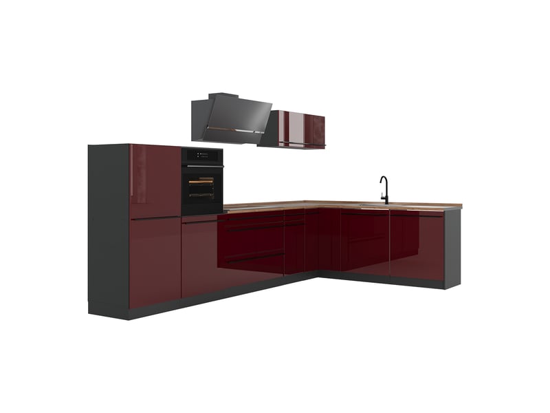 Vicco cuisine en angle, rouge brillantanthracite, 347 x cm plan de travail chêne doré - Conforama A