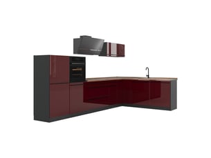 Vicco cuisine en angle, rouge brillantanthracite, 347 x cm plan de travail chêne doré