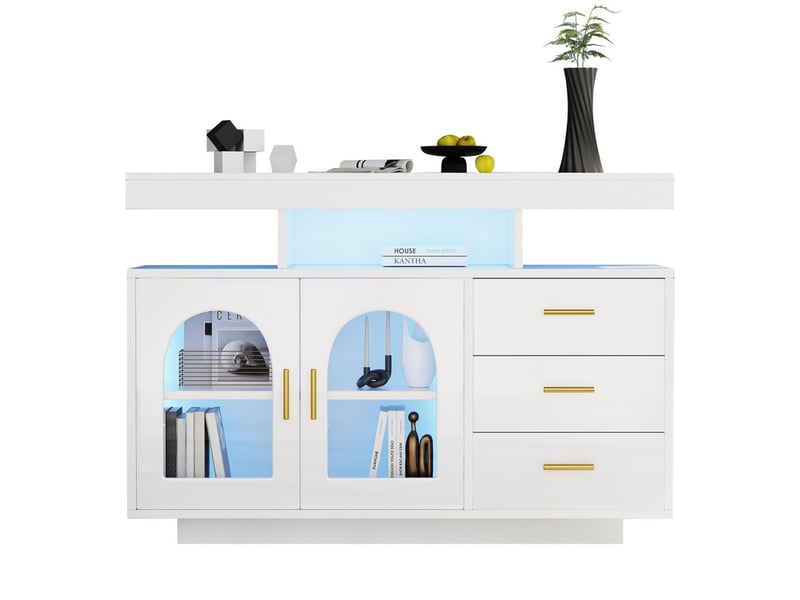  Buffet de cuisine, 2 portes 3 tiroirs, meuble de rangement, 120 x 40 x 80 cm, avec éclairage 16 couleurs, blanc  - Conforama A