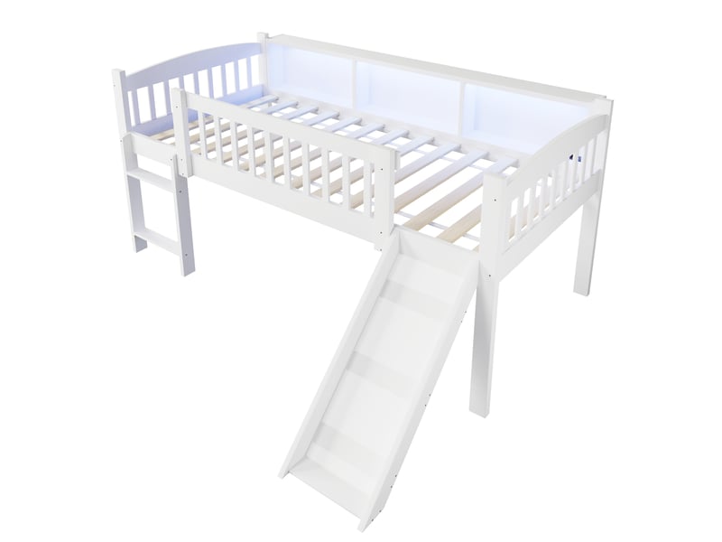  Lit mezzanine enfant 90 x 200 cm avec toboggan, 3 placards de rangement, led et port usb, barrière de sécurité et échelle, en bois blanc  - Conforama D