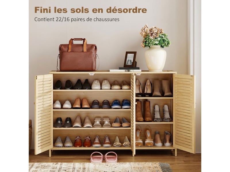  Meuble à chaussures 3 portes en bambou 18 paires 120 x 35 x 80 cm  - Conforama D
