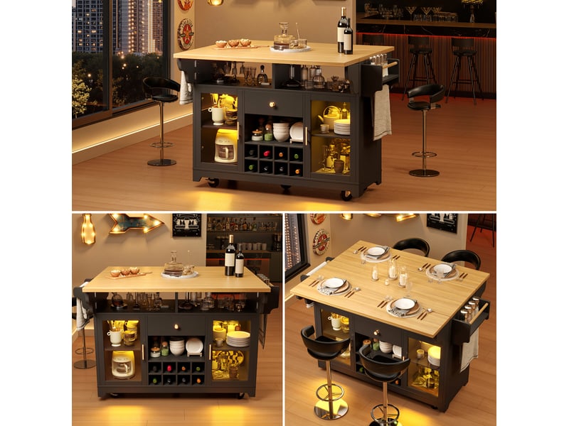  Desserte de cuisine 120x80x95 cm led rgb plateaux rabattables mdf métal noir  - Conforama C