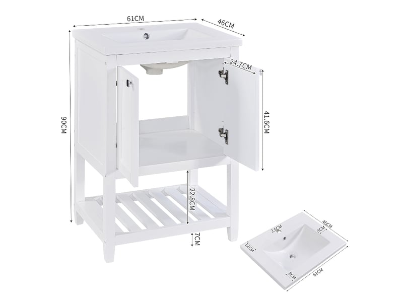  Meuble salle de bain 60cm blanc avec vasque en céramique, meuble sous vasque sur pied en bois massif et mdf, 61x46x90cm  - Conforama E