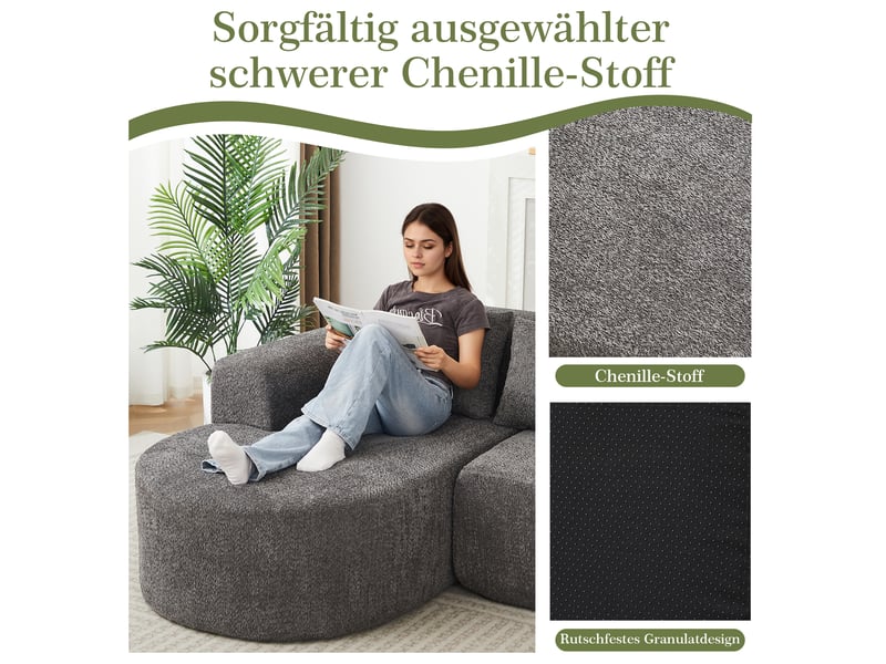  Canapé d’angle en l anthracite avec méridienne gauche, tissu chenille et 3 coussins dossier, design arrondi pour salon  - Conforama D