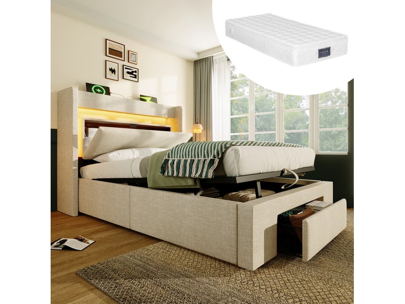 Modenvie lit coffre 90x200 cm - rangement hydraulique, led et ports usb usb-c, matelas inclus - beige  - Conforama B