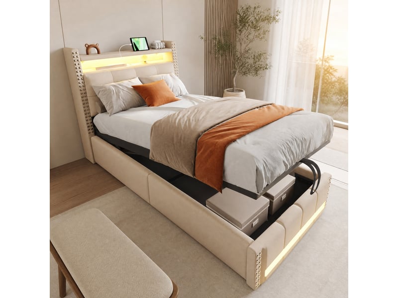  Lit coffre enfant 90x200 cm avec led et usb, tissu en lin beige  - Conforama B