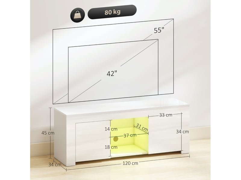 Meuble tv avec led rgb, 2 portes, 2 niches, étagère en verre et passe-câbles pour salon blanc 120 × 34 × 45 cm - Conforama C