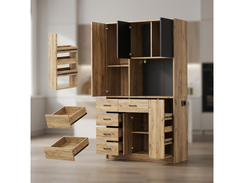  Buffet de cuisine haut avec tiroir à épices vertical, led et prises, 185x105x40 cm  - Conforama C