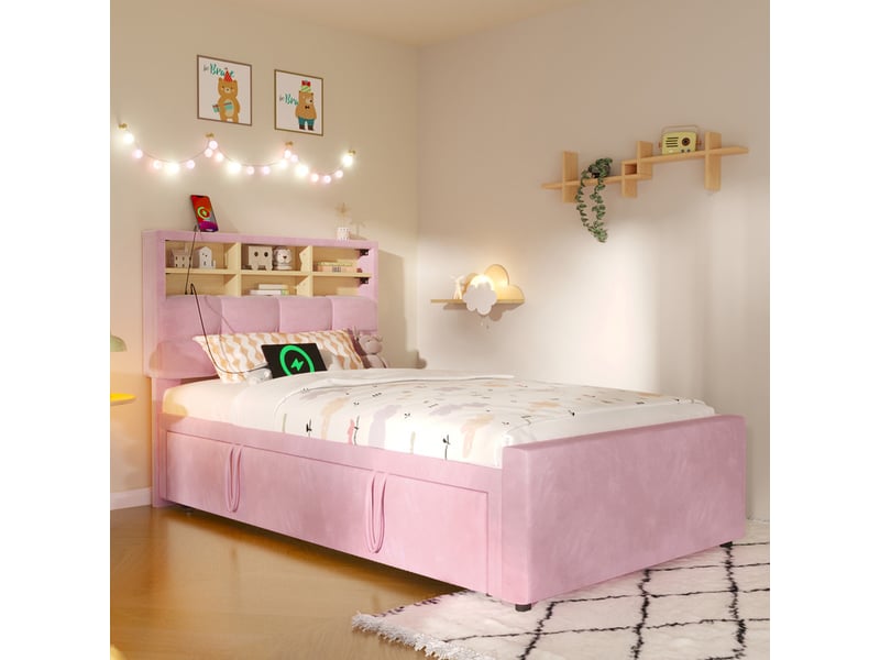 Lit pour enfant 90 x 200 cm – avec lit gigogne – avec port usb-c – velours – rose (matelas non inclus) - Conforama R