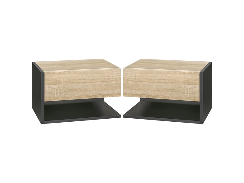  Ensemble de 2 tables de chevet suspendues, avec 1 tiroir et une étagère ouverte, 46 x 30 x 30 cm, chêne et noir  - Conforama A